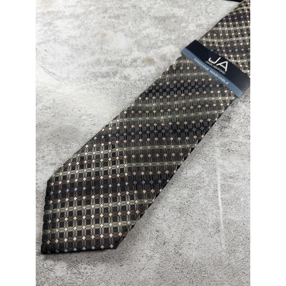John Ashford Tie Mens One Size Beige 100% Polyester Pointed Jacquard Geometric